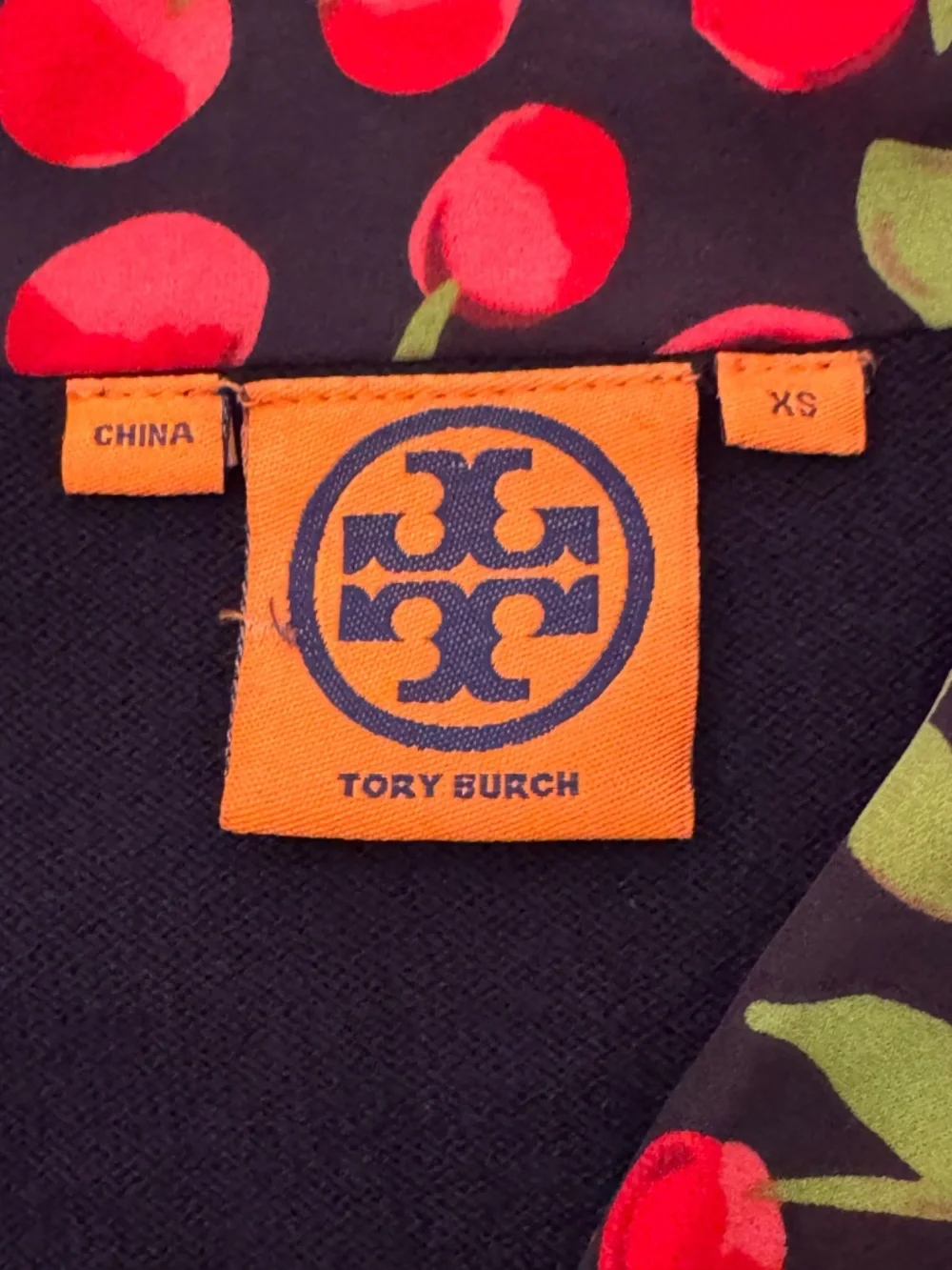 Tory Burch Navy Cardigan Cherry Print Silk Tie Cashmere Cotton XS